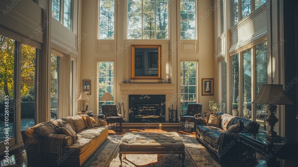 Fototapeta premium Spacious living room with large windows, elegant furniture, and warm lighting, creating a cozy and inviting atmosphere.