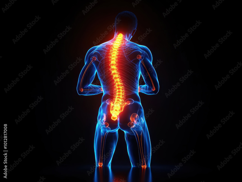 man with back pain X-ray, holding red painful spot. AI generative. man with back pain X-ray, holding red painful spot. AI generative.