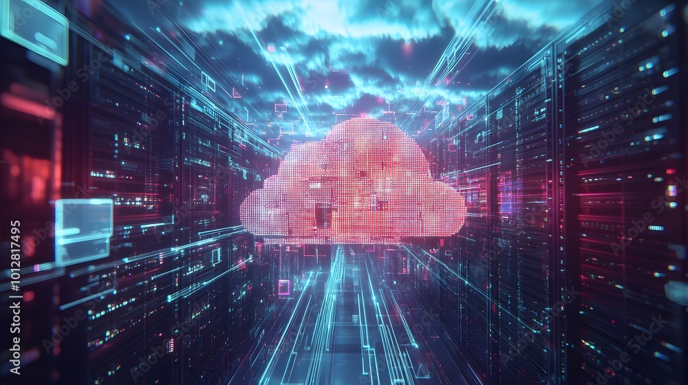 A network of servers and data centers interconnected with fiber optic cables, symbolizing cloud computing technology and data storage A network of servers and data centers interconnected with fiber optic cables, symbolizing cloud computing technology and data storage