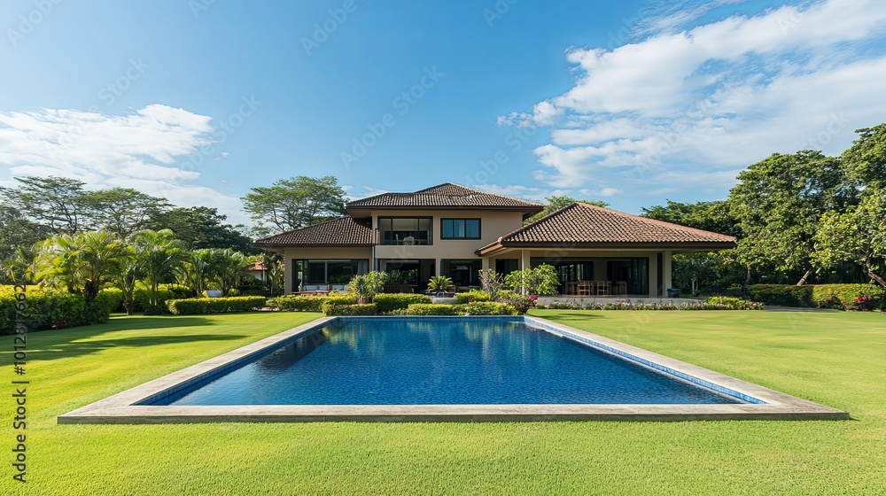 A serene modern house with a large swimming pool surrounded by lush gardens under a clear blue sky. A serene modern house with a large swimming pool surrounded by lush gardens under a clear blue sky.