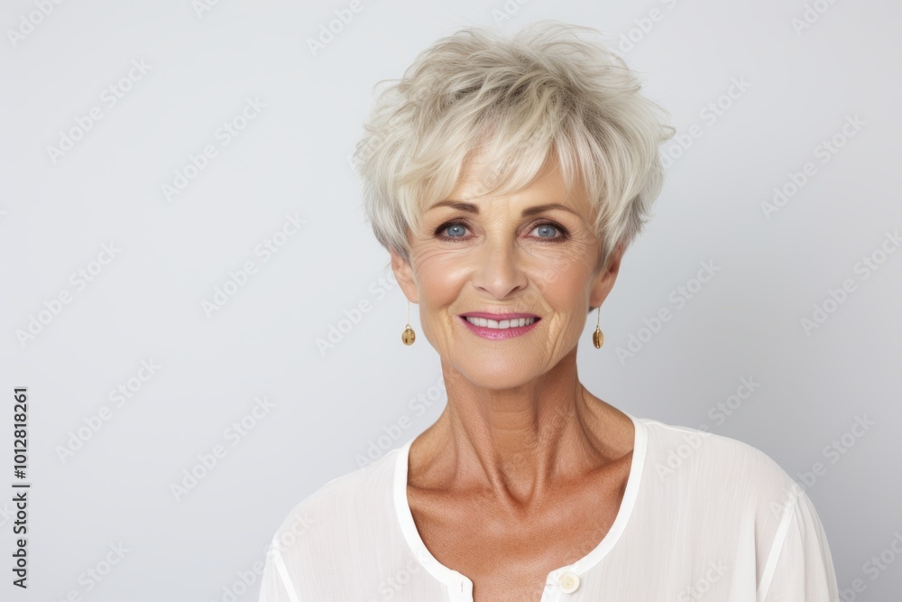 Portrait of a happy senior woman smiling at the camera on grey background Portrait of a happy senior woman smiling at the camera on grey background