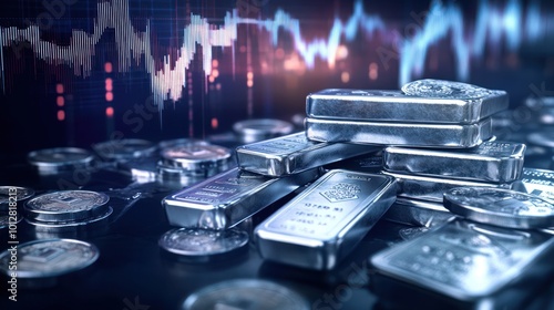Silver Bars and Coins with Stock Chart in Background