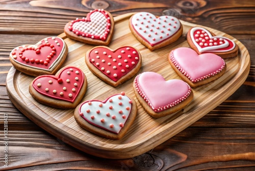 Heart-Shaped Cookies on Wooden Board: Perfect Valentine's Day Treats for Sweet Celebrations and Romantic Desserts