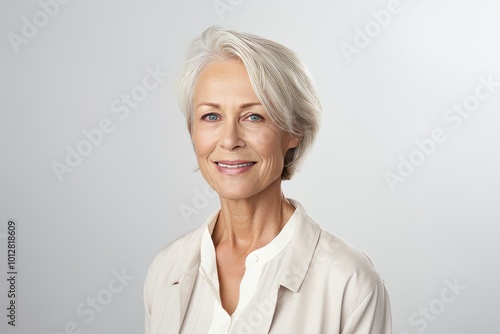 Portrait of smiling senior businesswoman looking at camera over grey background