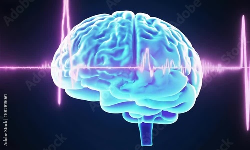 Human head and brain anatomy with various types of waveforms produced by brain activity on a dark background