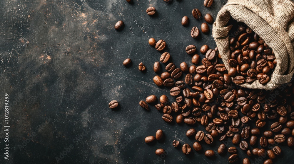 Coffee beans spilling from a burlap sack onto a dark textured surface. Coffee beans spilling from a burlap sack onto a dark textured surface.