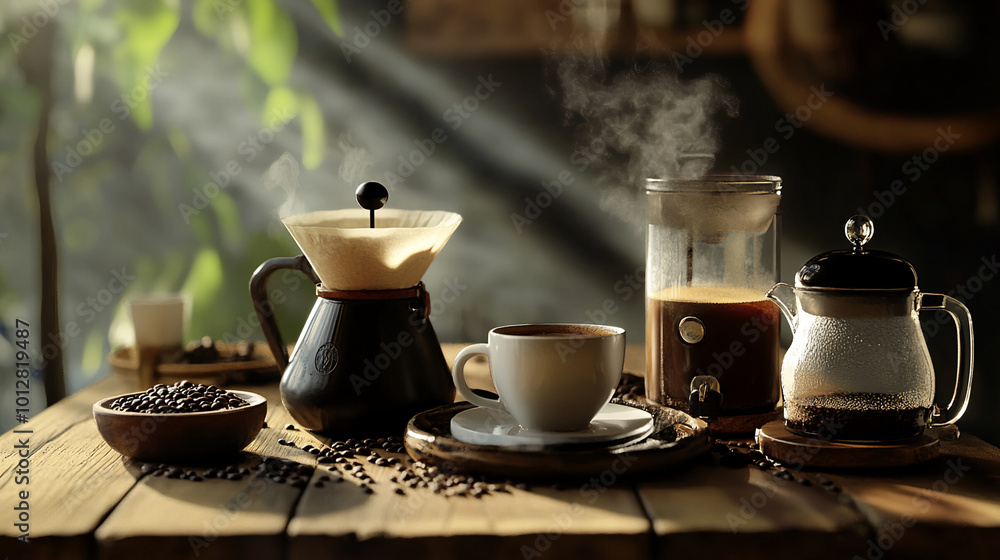 background of the process making latte art coffee in Cafe, fresh beans, roasted beans, and a cup of coffee background of the process making latte art coffee in Cafe, fresh beans, roasted beans, and a cup of coffee