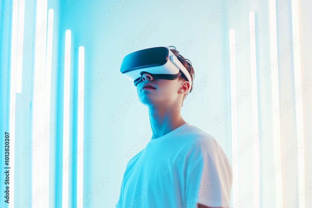 Young man enjoying virtual reality experience in bright room Young man enjoying virtual reality experience in bright room