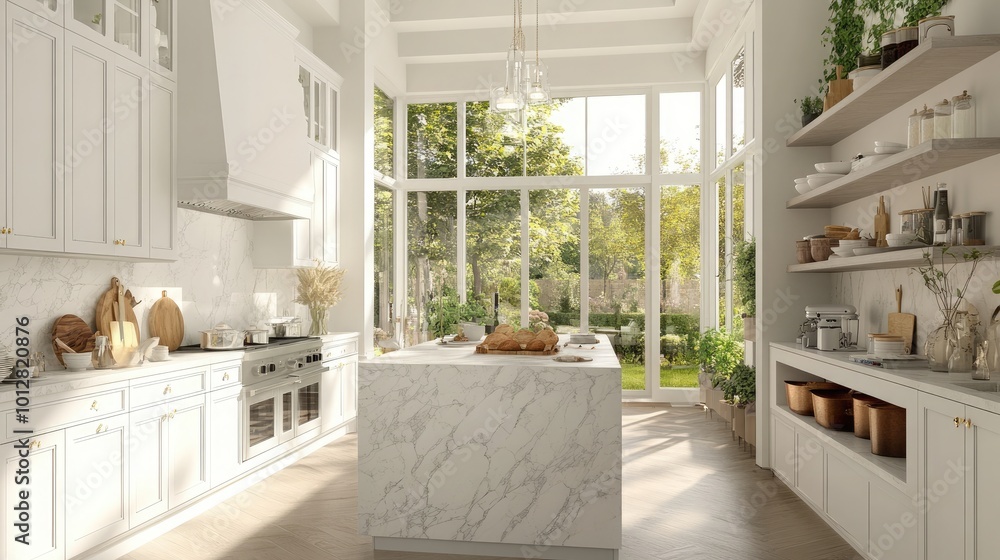 Fototapeta premium A bright and airy kitchen with white cabinetry