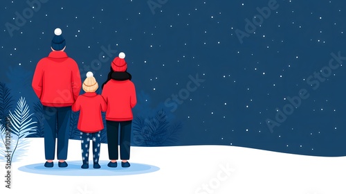 A family of four in red outfits stands together under a starry night sky, creating a warm, cozy atmosphere.Matching Family Pajamas