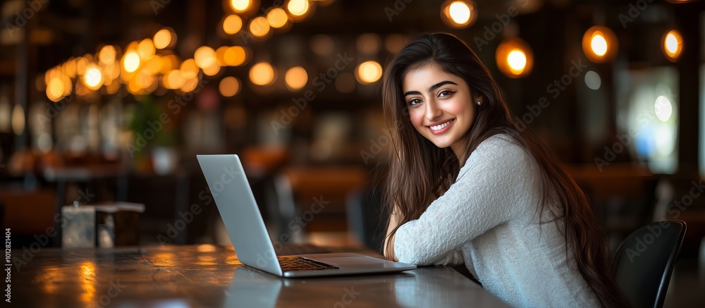 Smiling Woman Working on Laptop in Cafe: A young woman with long dark hair smiles confidently at the camera while working on her laptop in a cafe. Smiling Woman Working on Laptop in Cafe: A young woman with long dark hair smiles confidently at the camera while working on her laptop in a cafe.