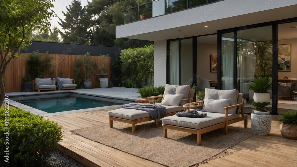 Modern contemporary style small wooden terrace with garden view. Ai Generative. Modern contemporary style small wooden terrace with garden view. Ai Generative.