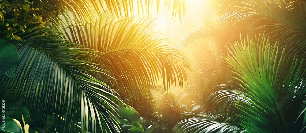 Sunlight Through Lush Palm Leaves in a Tropical Forest Sunlight Through Lush Palm Leaves in a Tropical Forest