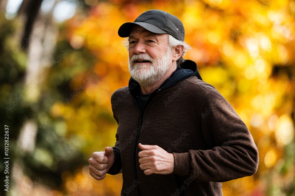 Senior Man Jogging on Forest Trail Under Clear Sky Senior Man Jogging on Forest Trail Under Clear Sky