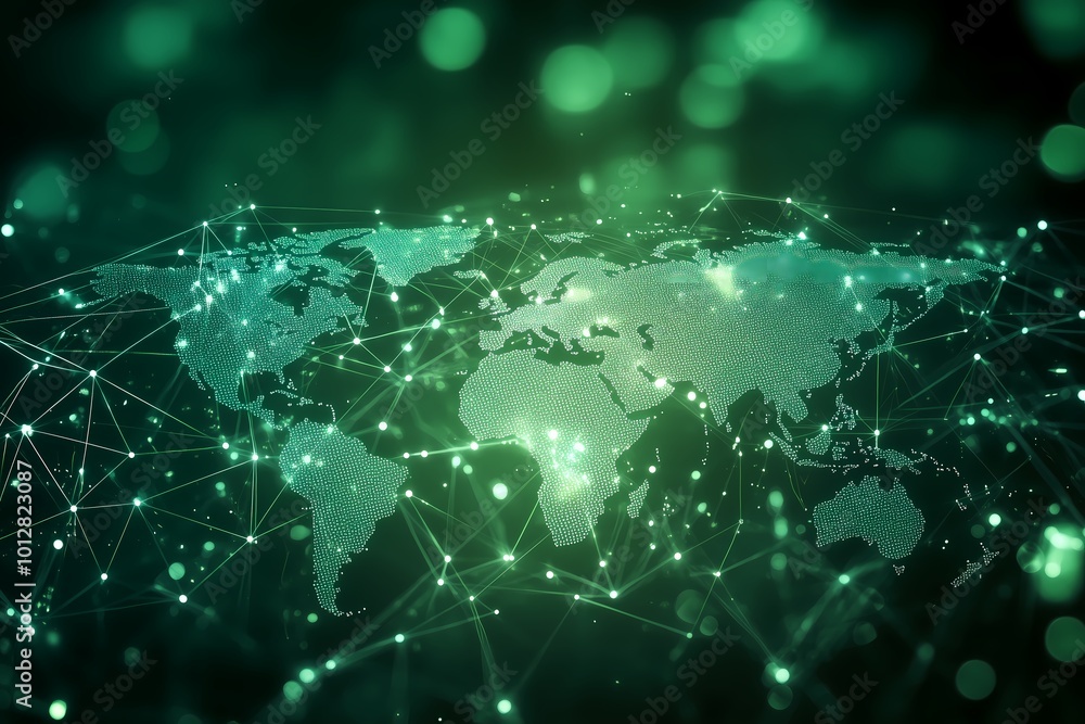 world map network in green illuminate on dark background world map network in green illuminate on dark background
