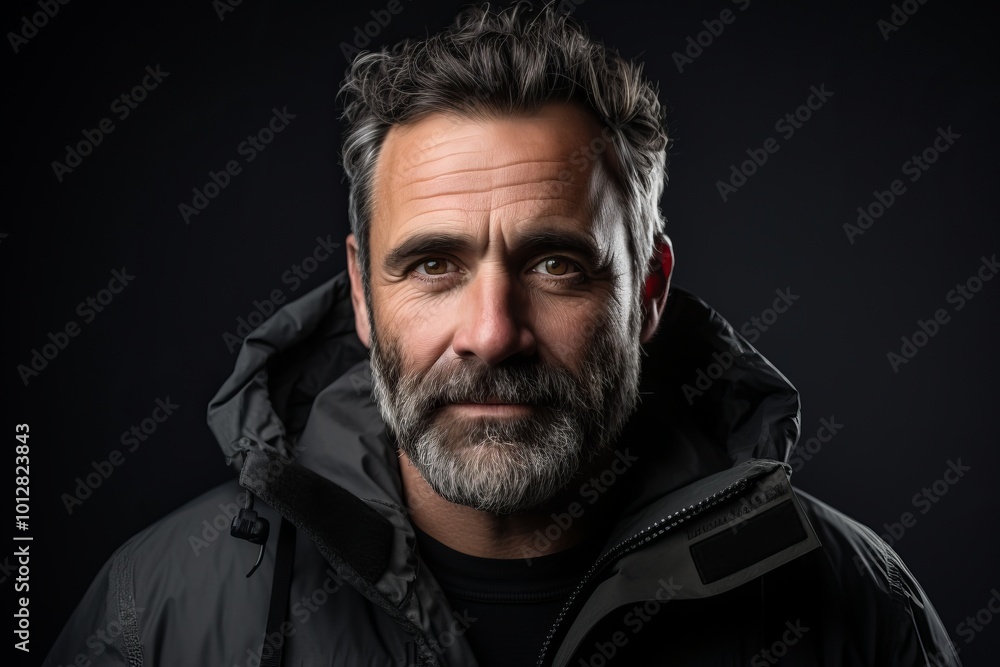 Portrait of a bearded man wearing a jacket over black background. Portrait of a bearded man wearing a jacket over black background.
