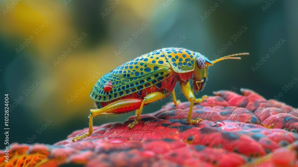 Naklejka premium a colorful insect sitting on top of a red flower