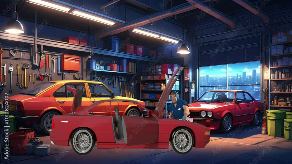 A mechanic fixing a car at garage. 3d animated character. 3d cartoon character A mechanic fixing a car at garage. 3d animated character. 3d cartoon character