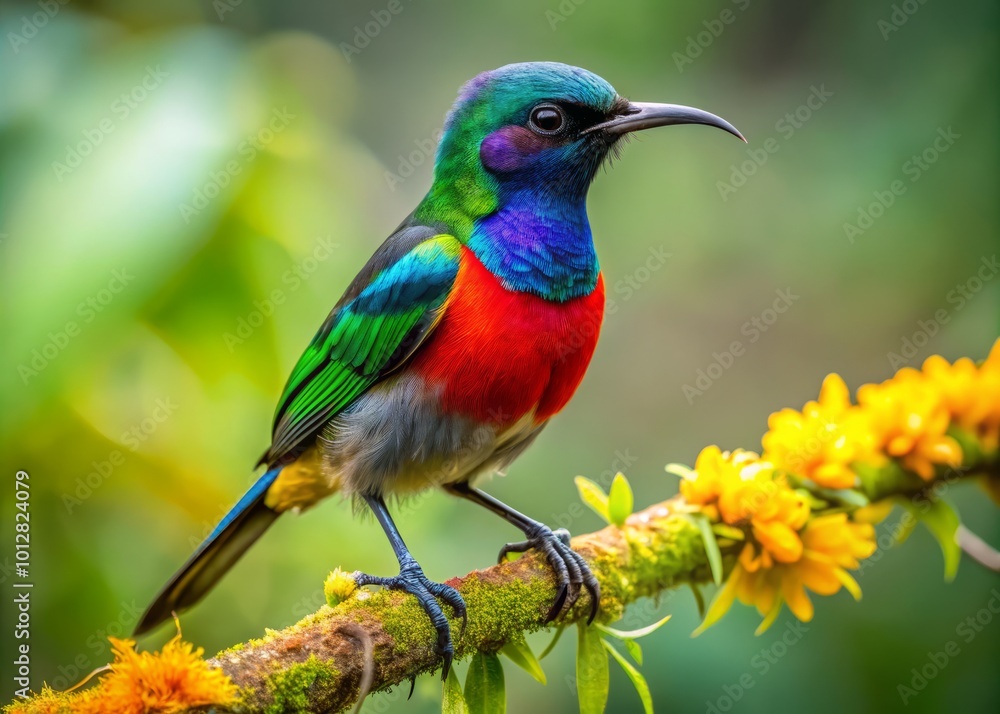Rwenzori Double-Collared Sunbird Perched on Twig in Natural Habitat - Vibrant Colors and Wildlife Photography Rwenzori Double-Collared Sunbird Perched on Twig in Natural Habitat - Vibrant Colors and Wildlife Photography