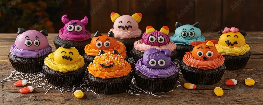 Colorful Halloween Themed Cupcakes Displayed on Table Colorful Halloween Themed Cupcakes Displayed on Table