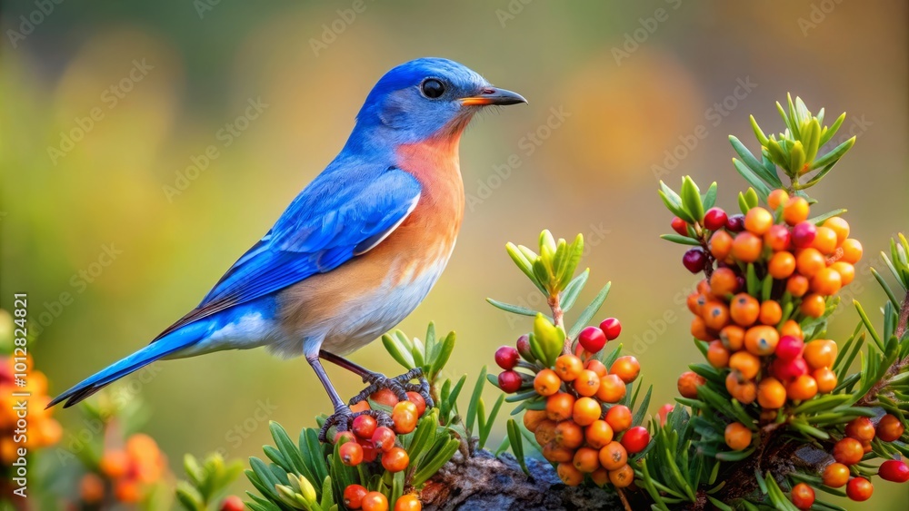 Single Mountain Bluebird Perched on Juniper Tree with Berries in Nature, Vibrant Colors, Wildlife Photography, Scenic Single Mountain Bluebird Perched on Juniper Tree with Berries in Nature, Vibrant Colors, Wildlife Photography, Scenic