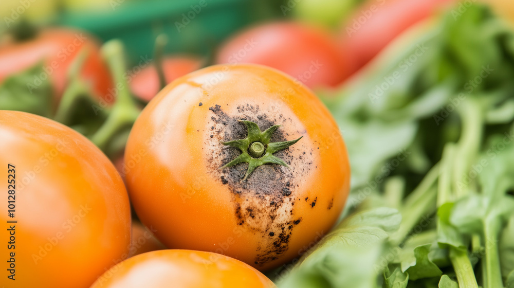 Fresh vegetables with a single rotten tomato in the center, symbolizing food contamination and the importance of quality control in food safety. Fresh vegetables with a single rotten tomato in the center, symbolizing food contamination and the importance of quality control in food safety.