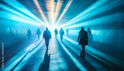 Shoot in an underground or street tunnel where light streams through gaps, highlighting people as they walk through beams of light