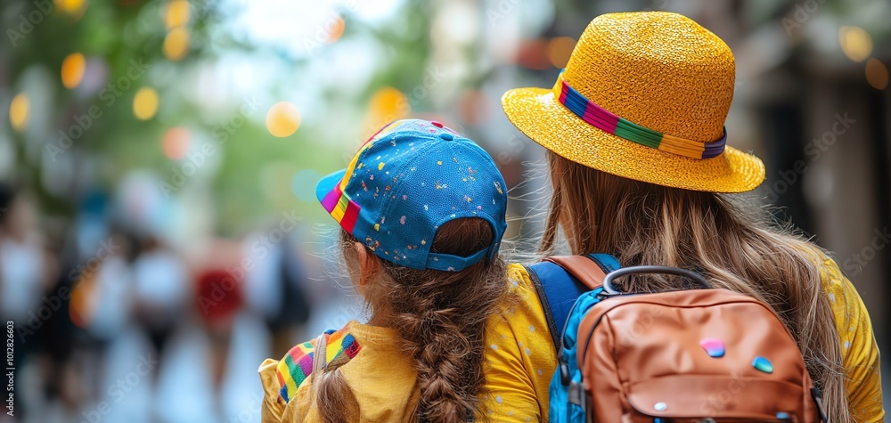 Naklejka premium A family at a Pride parade, with LGBTQ parents and their children all wearing rainbowcolored outfits and accessories