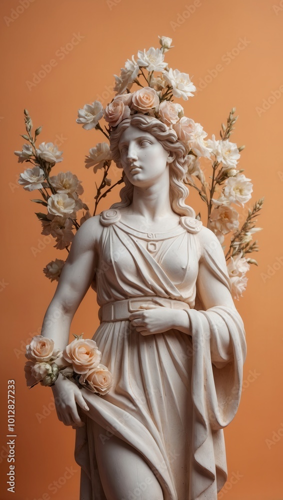 Obraz premium Classical female sculpture with floral adornments and muted orange background