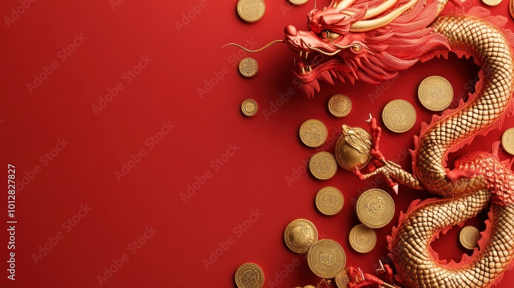 Fototapeta premium Chinese New Year Dragon and Gold Coins