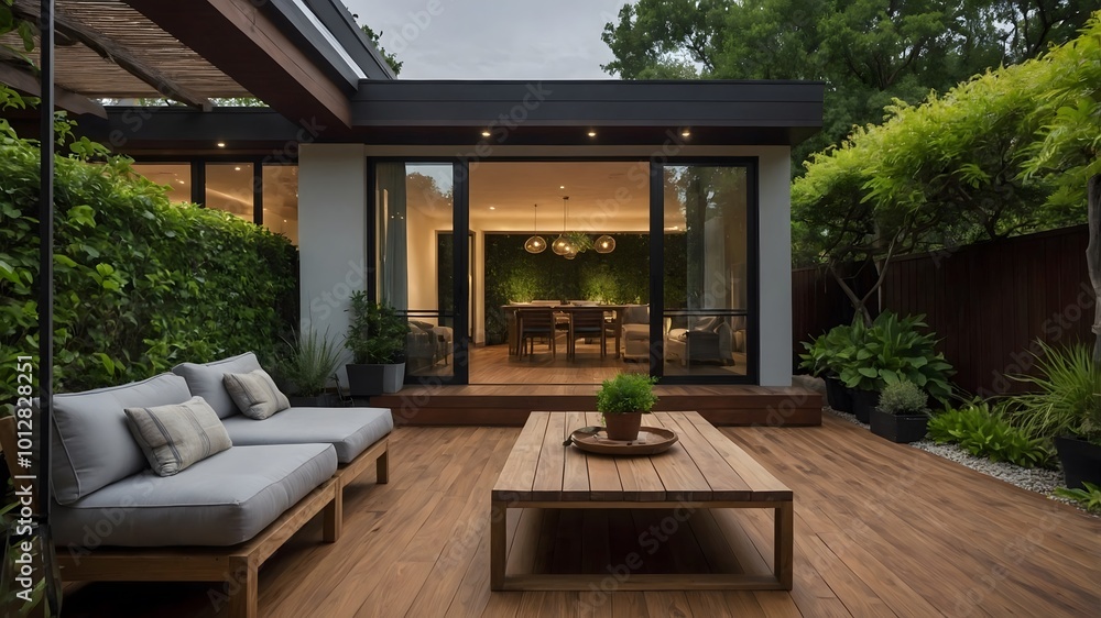 Modern contemporary style small wooden terrace with garden view. Ai Generative. Modern contemporary style small wooden terrace with garden view. Ai Generative.