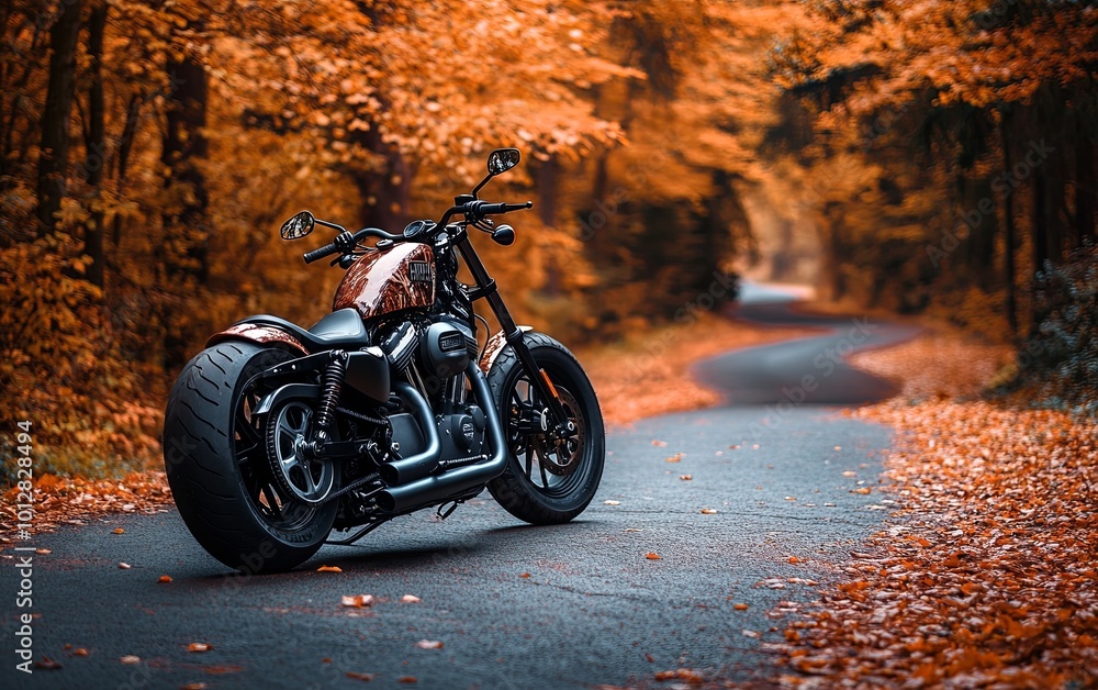 Obraz premium A motorcycle parked on a winding road surrounded by vibrant autumn foliage.