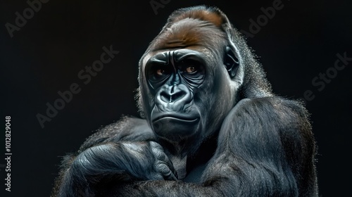 a close up of a gorilla with a black background photo