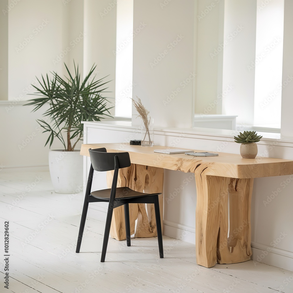 Elegant Minimalist Workspace Featuring Natural Wood Console and Sleek Black Chair, Ideal for a Calm and Focused Work Environment, Perfect for Home Office or Creative Studio Settings Elegant Minimalist Workspace Featuring Natural Wood Console and Sleek Black Chair, Ideal for a Calm and Focused Work Environment, Perfect for Home Office or Creative Studio Settings