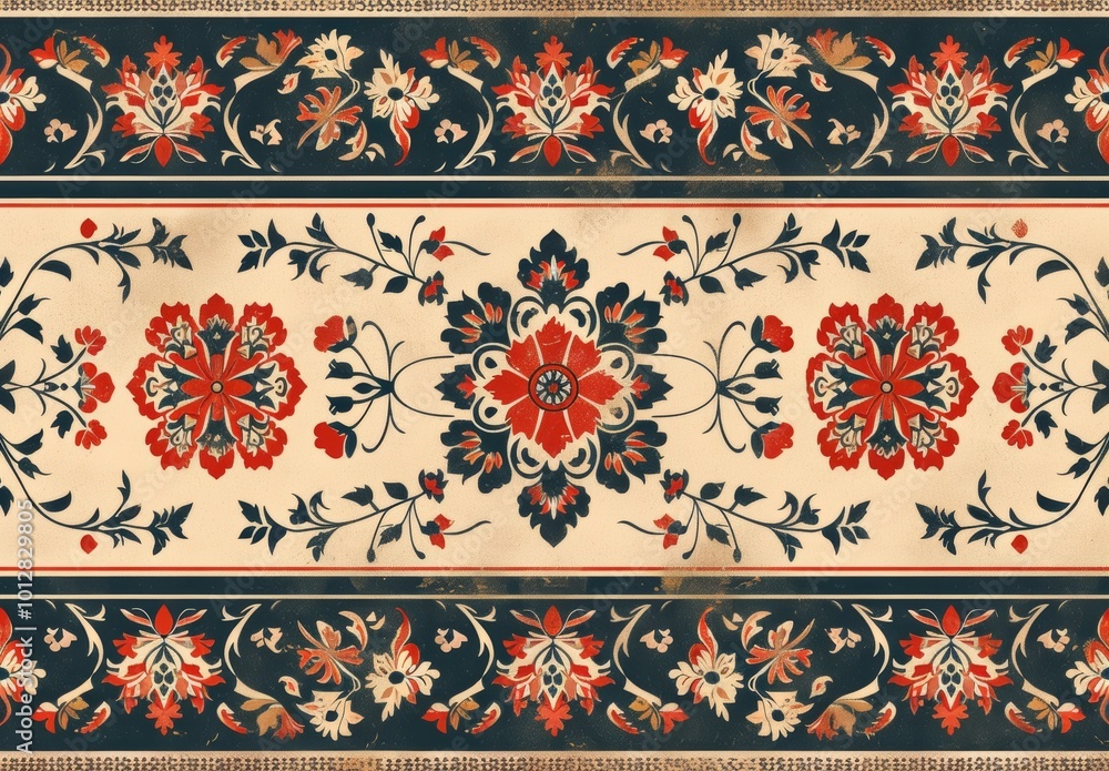 Design fabric an intricate pattern with Indian-inspired motifs, incorporating vibrant reds and oranges for the border Design fabric an intricate pattern with Indian-inspired motifs, incorporating vibrant reds and oranges for the border