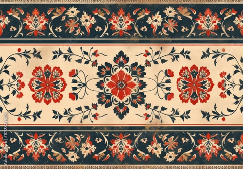 Design fabric an intricate pattern with Indian-inspired motifs, incorporating vibrant reds and oranges for the border