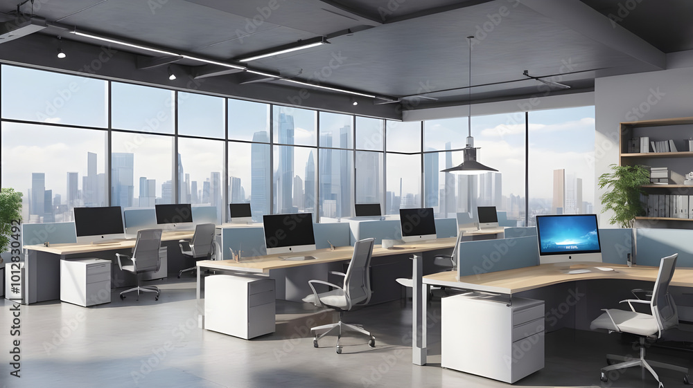 Modern open space office interior with city view background. 3D Rendering Modern open space office interior with city view background. 3D Rendering