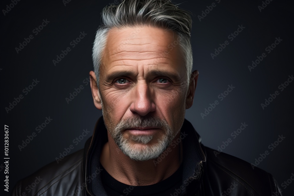 Portrait of a handsome mature man with gray beard and mustache wearing leather jacket. Portrait of a handsome mature man with gray beard and mustache wearing leather jacket.