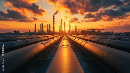 Industrial landscape with pipes leading to a refinery at sunset.