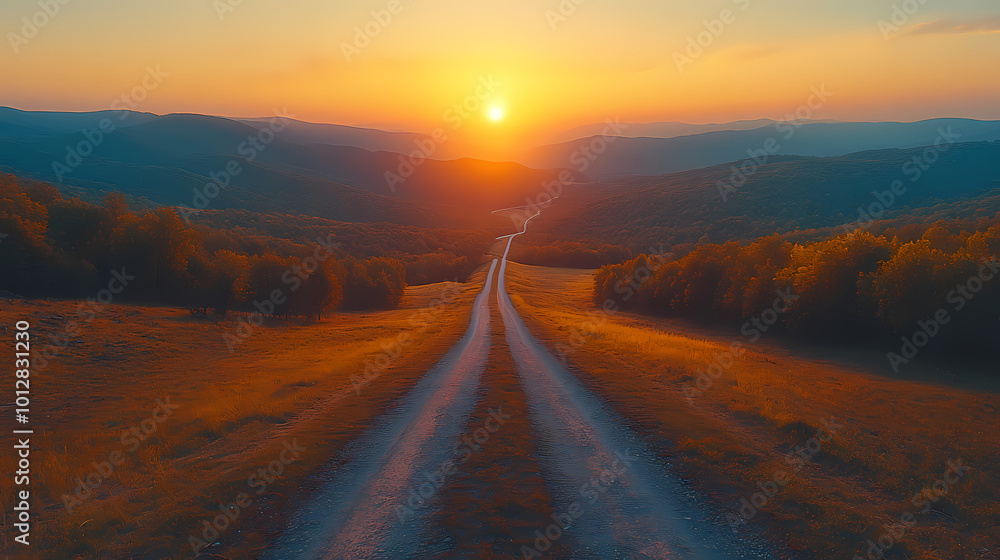 Fototapeta premium Top drone view of road in woods. Beautiful landscape with roadway in hills, pine trees, meadows, golden sunlight in fall. Travel