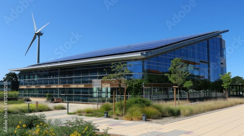A solar-powered office building  with sleek  energy-efficient windows  solar panels on the roof  and a wind turbine generating clean energy.