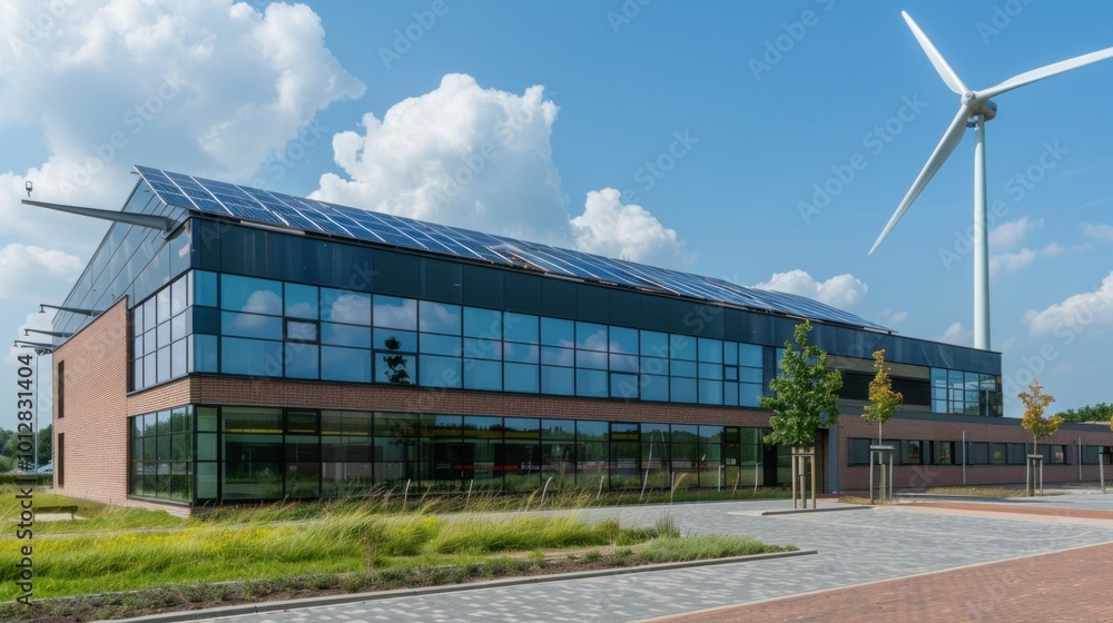 A solar-powered office building, with sleek, energy-efficient windows, solar panels on the roof, and a wind turbine generating clean energy. A solar-powered office building, with sleek, energy-efficient windows, solar panels on the roof, and a wind turbine generating clean energy.