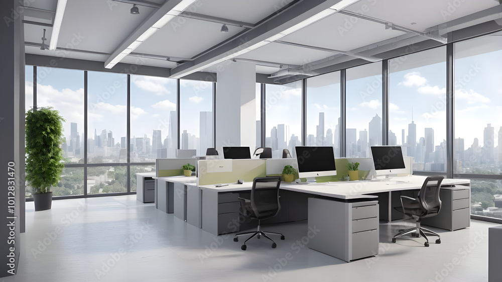 Modern open space office interior with city view background. 3D Rendering Modern open space office interior with city view background. 3D Rendering