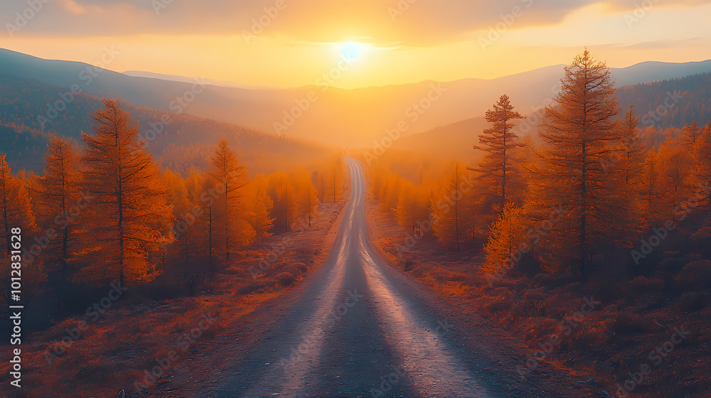 Top drone view of road in woods. Beautiful landscape with roadway in hills, pine trees, meadows, golden sunlight in fall. Travel