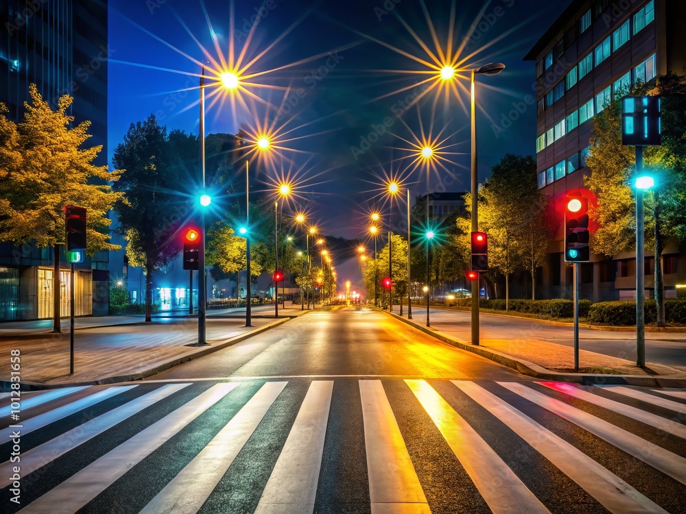 Fototapeta premium Warning Blinking Lights Over Pedestrian Crossing on Quiet Street at Night for Enhanced Safety and Visibility in Urban