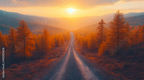 Top drone view of road in woods. Beautiful landscape with roadway in hills, pine trees, meadows, golden sunlight in fall. Travel