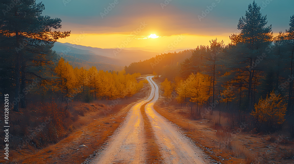 Top drone view of road in woods. Beautiful landscape with roadway in hills, pine trees, meadows, golden sunlight in fall. Travel Top drone view of road in woods. Beautiful landscape with roadway in hills, pine trees, meadows, golden sunlight in fall. Travel