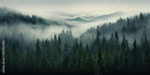 Misty Pine Forest with Mountain View illustration.