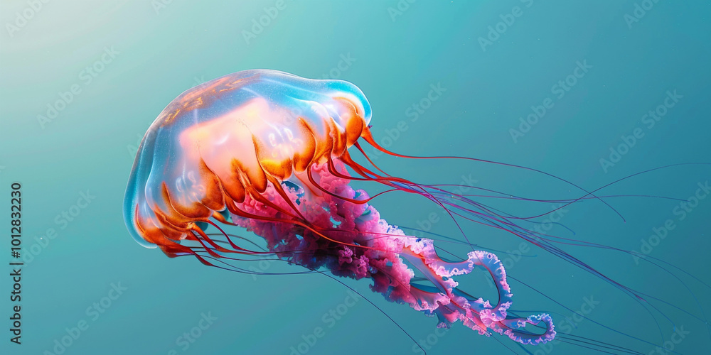 A photo of a bright beautiful jellyfish swimming in the ocean. A photo of a bright beautiful jellyfish swimming in the ocean.