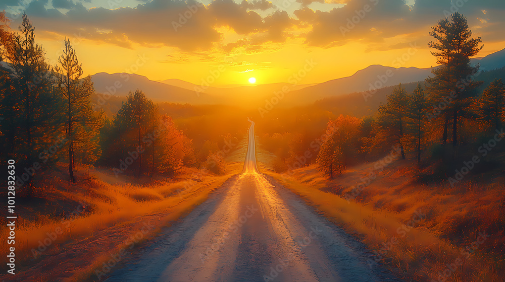 Top drone view of road in woods. Beautiful landscape with roadway in hills, pine trees, meadows, golden sunlight in fall. Travel Top drone view of road in woods. Beautiful landscape with roadway in hills, pine trees, meadows, golden sunlight in fall. Travel